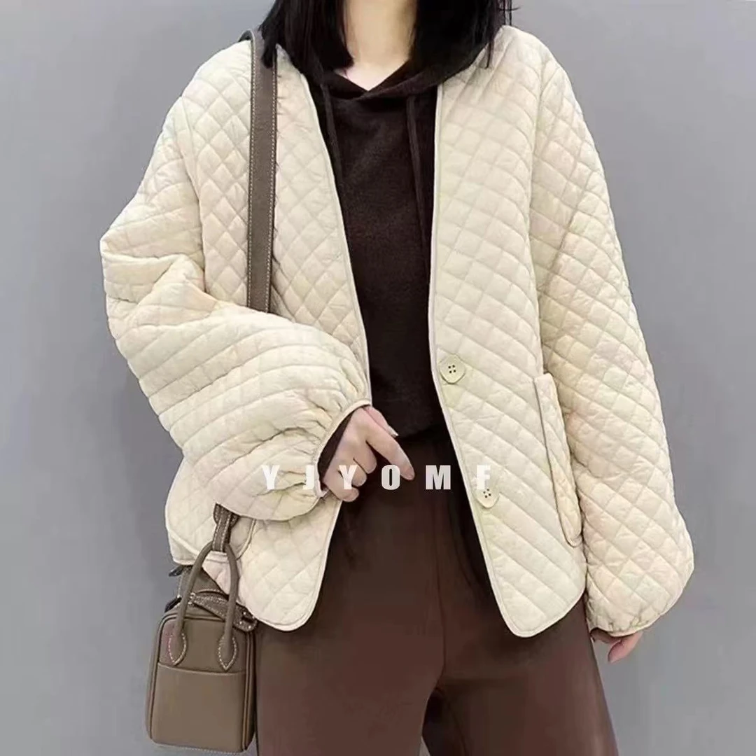 冬季V领绗线格子小棉服长袖加厚先修上衣棉袄B71210
