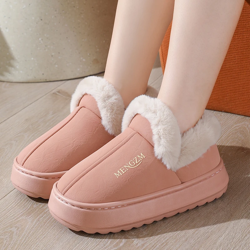 PU皮棉拖鞋女厚底包跟情侣居家拖鞋男士冬季加绒保暖棉鞋外穿防滑