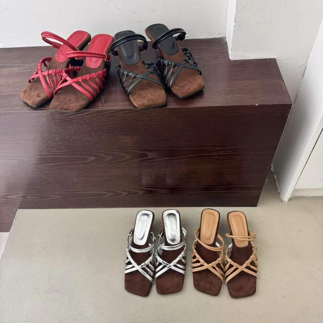 01-9法式复古编织镂空坡跟凉拖鞋2025夏新款女外穿方头一字带凉鞋