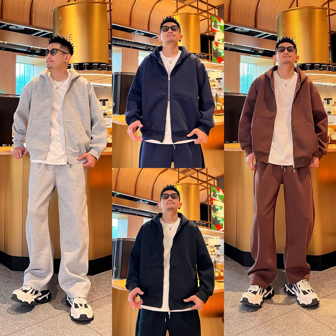 美式轻潮时尚纯色立体裁剪情侣同款穿搭连帽长袖卫衣长裤套装