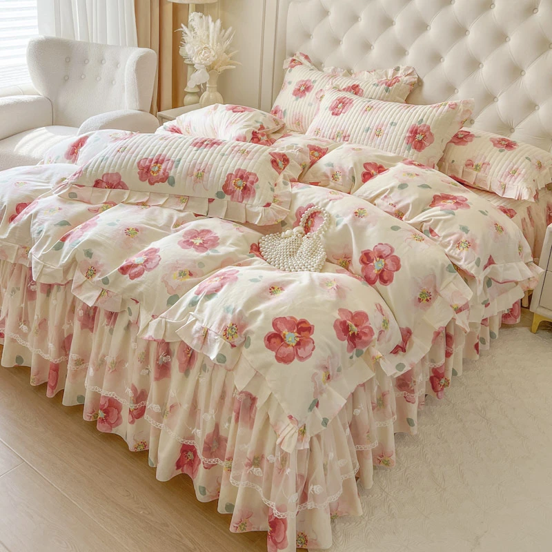 100%全棉床裙款四件套夹棉蕾丝花边床笠带裙边床罩纯棉花边被套罩