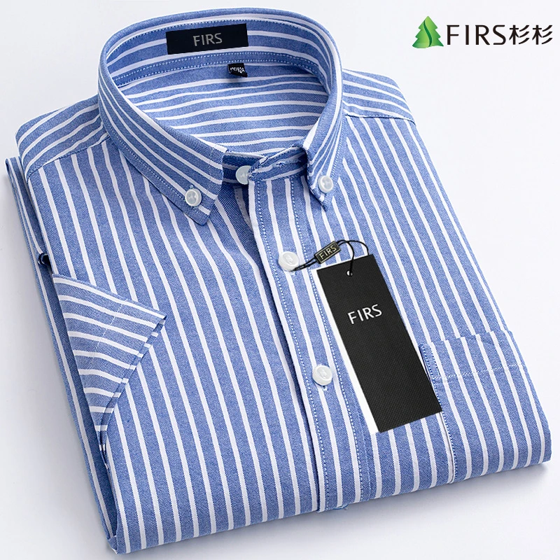 杉杉蓝色商务休闲短袖衬衫男纯棉夏季薄款高档白色条纹衬衣抗皱