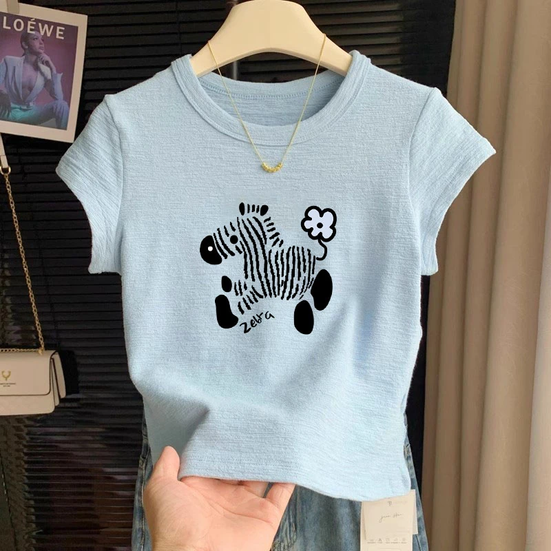 竹节棉T恤女短袖夏季爆款宽松短款休闲圆领体恤百搭洋气时尚上衣