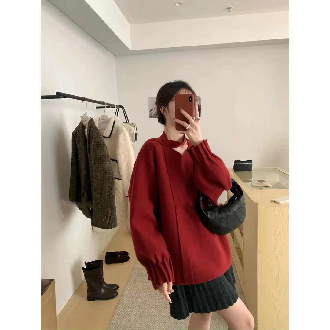 慵懒风V领挂脖围巾毛衣韩版减龄通勤百搭上衣女82037#0.13 yy