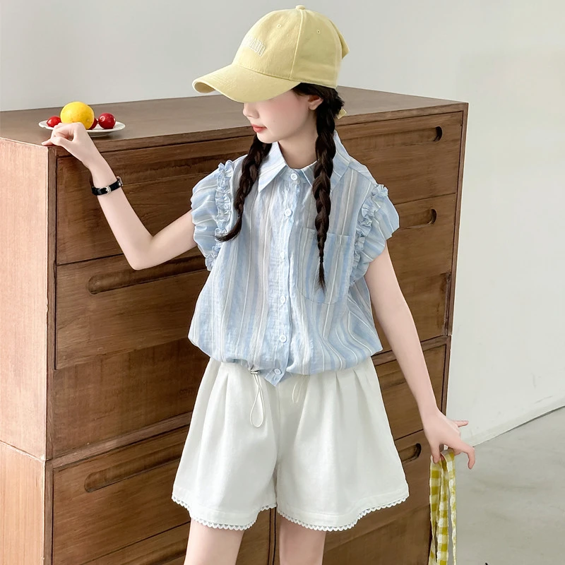 女童夏季韩版休闲条纹衬衫短裤套装中大童初中生洋气时髦儿童夏装