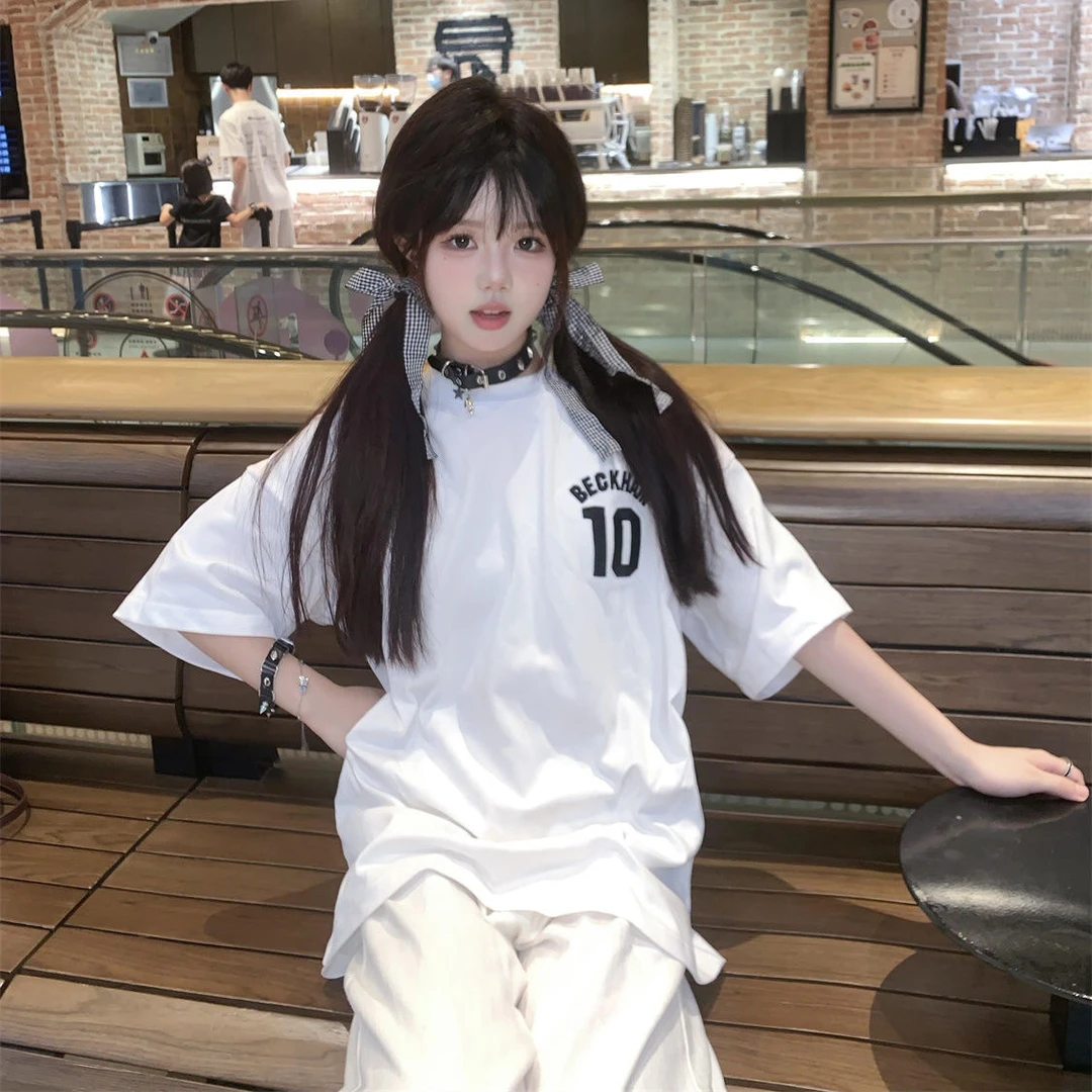 100%纯棉潮牌时尚短袖T恤女oversize字母印花宽松夏季学生百搭ins