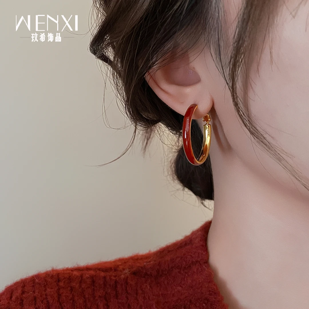 铜合金珐琅耳饰 红色大圈耳环简单大方耳钉高级感轻奢耳圈耳饰女