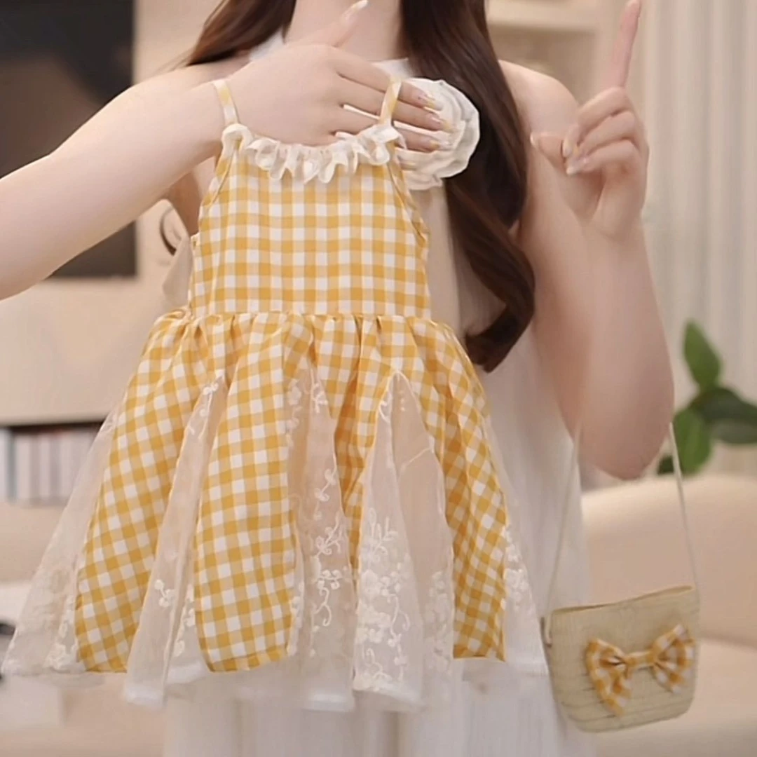 戴维贝啦【断码】女童夏季连衣裙洋气公主2025新款儿童裙子宝宝格子