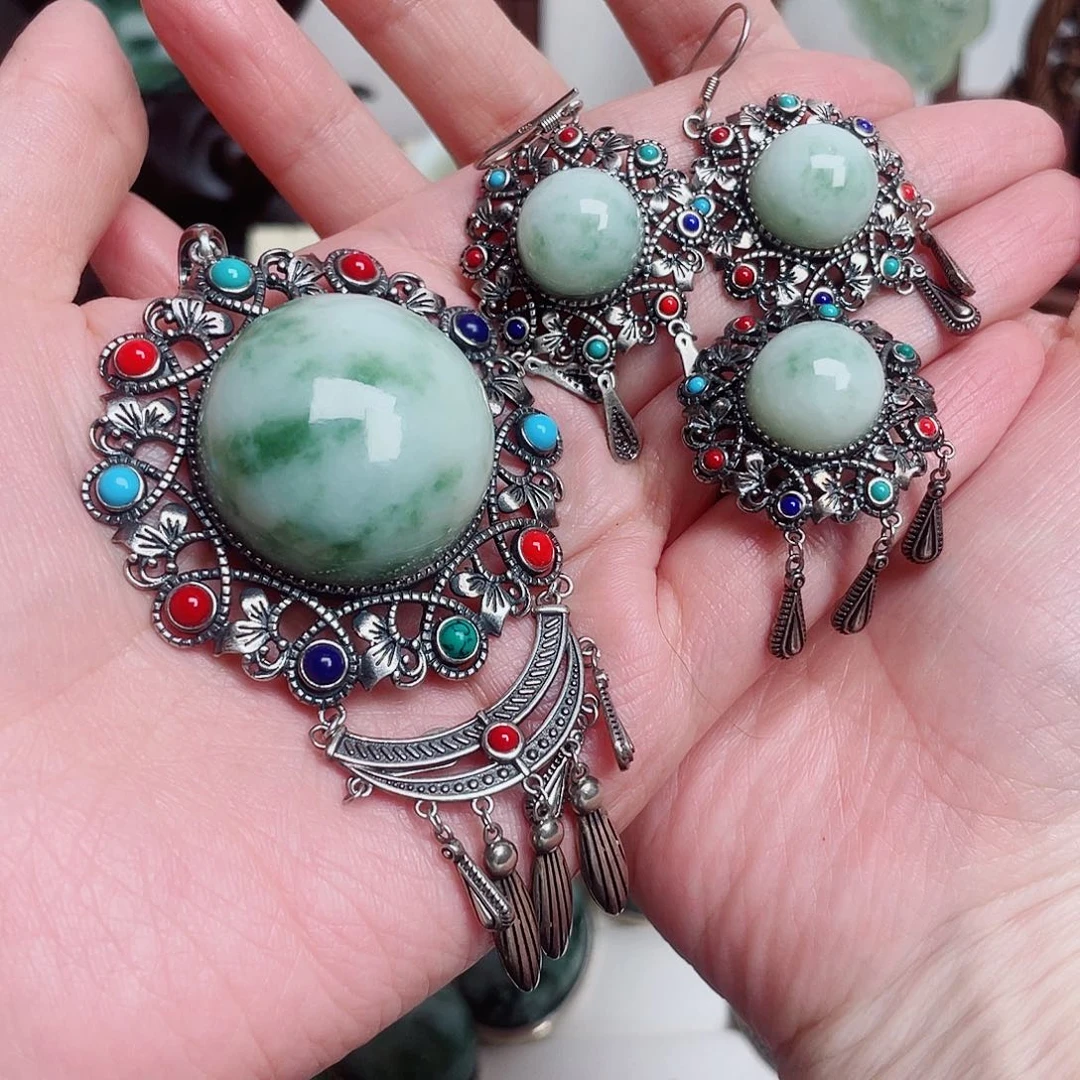 羿***️透闪石-蛇纹石玉银S925镶嵌颈饰颈饰加耳饰加戒指