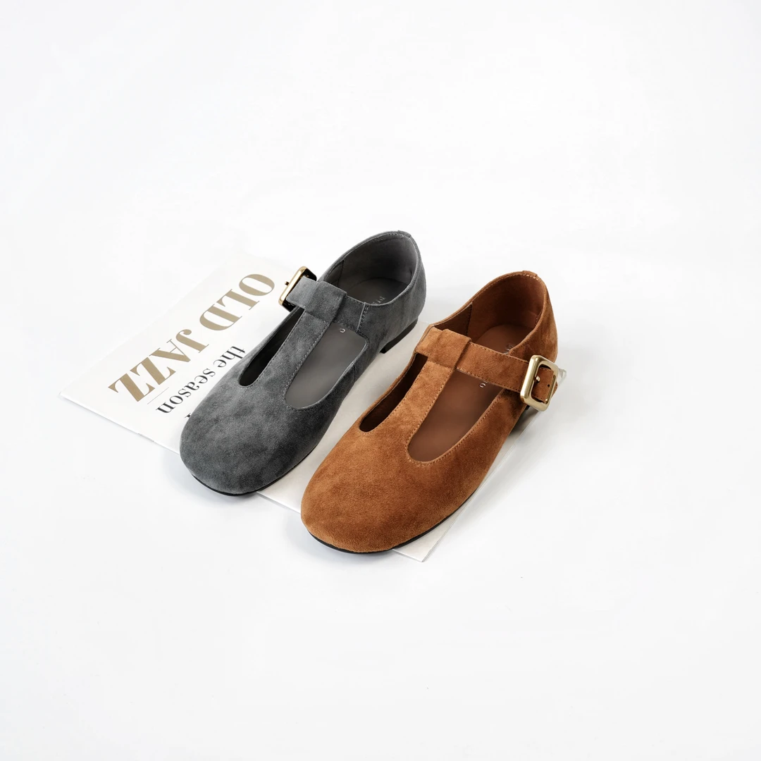 【Dhh】跟2cm•羊反皮•圆头复古磨砂玛丽珍平底T型扣法式单鞋翻皮鞋