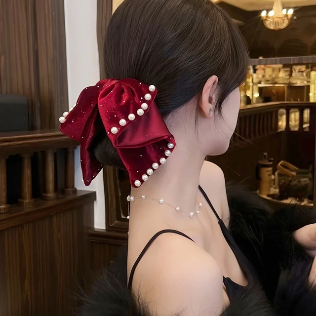 秋冬丝绒珍珠抓夹女高级感红色蝴蝶结发夹女后脑勺马尾夹子发卡
