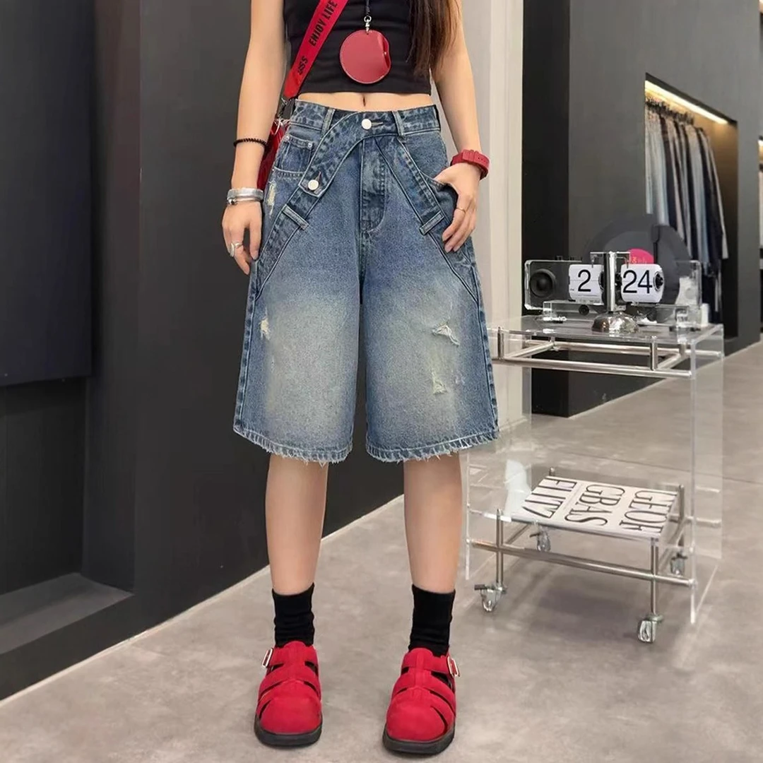 夏季新款A字收胯设计显瘦无弹水洗软牛仔六分裤休闲百搭复古港风