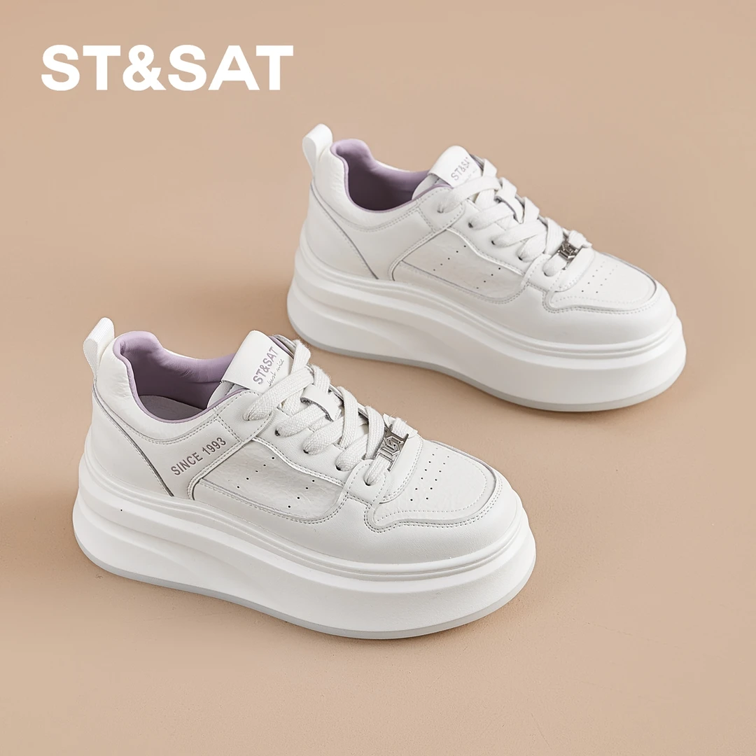 星期六真皮松糕女鞋2025夏季新款平底百搭休闲板鞋增高拼色小白鞋