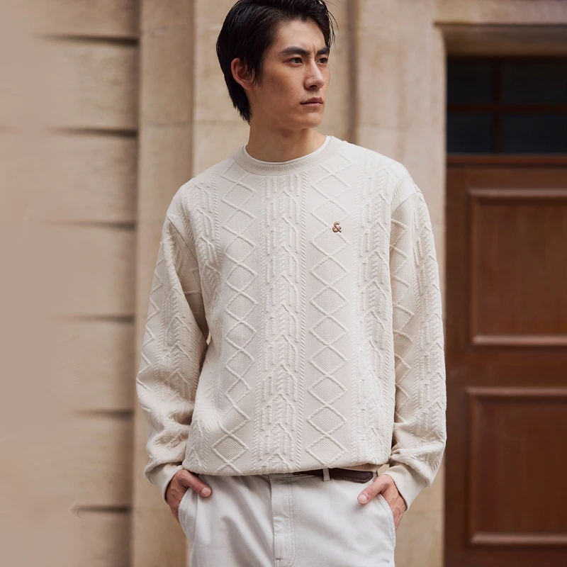 杰克琼斯秋季新品男士卫衣纯色肌理感提花针织小香风刺绣百搭男装