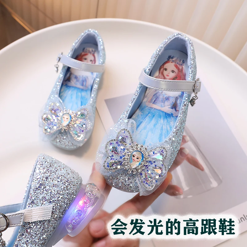女童高跟鞋爱莎水晶带灯发光洋气软底小皮鞋配礼服女孩艾莎公主鞋