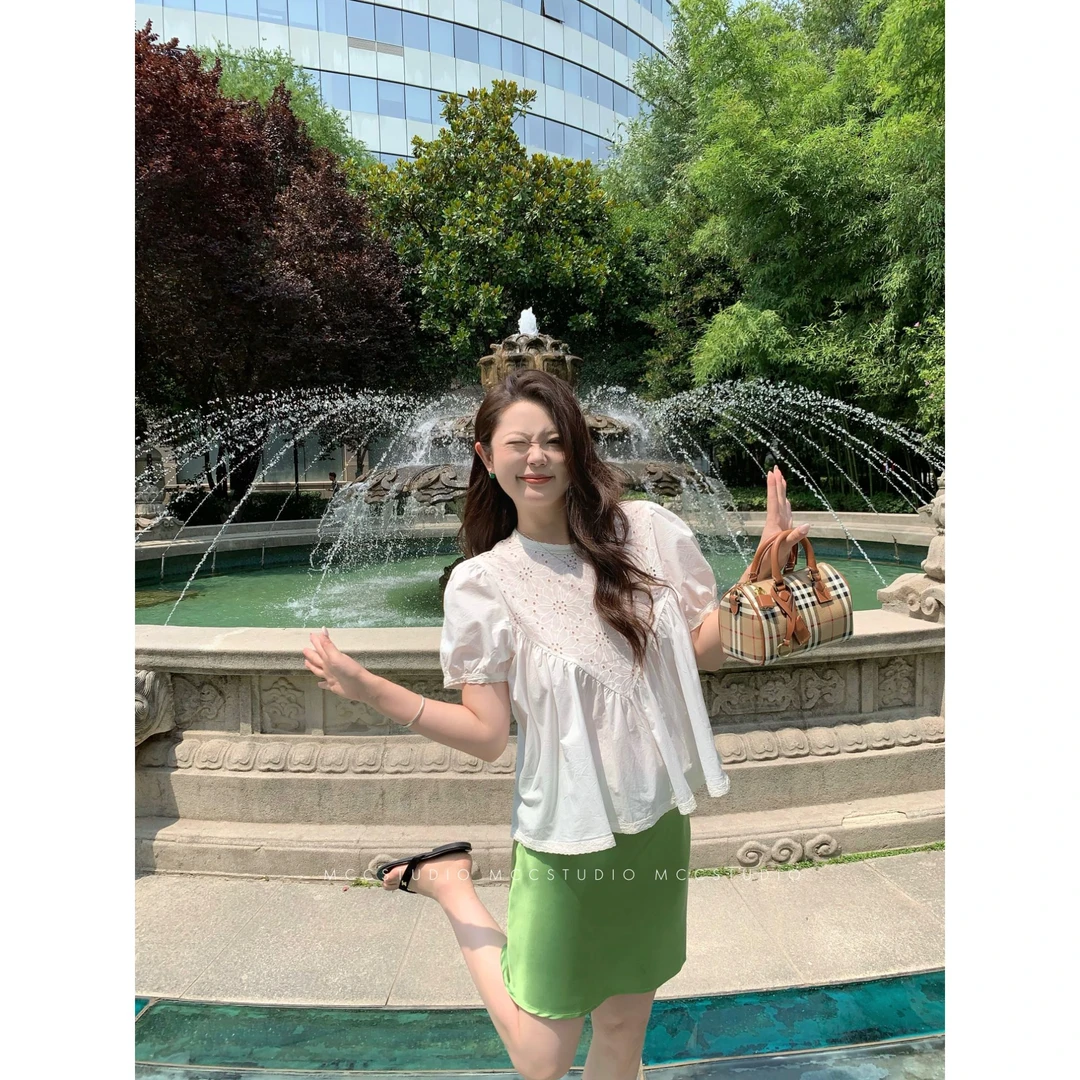 MCcStudio韩代娃娃衫 重工泡泡袖刺绣镂空小衫#8720