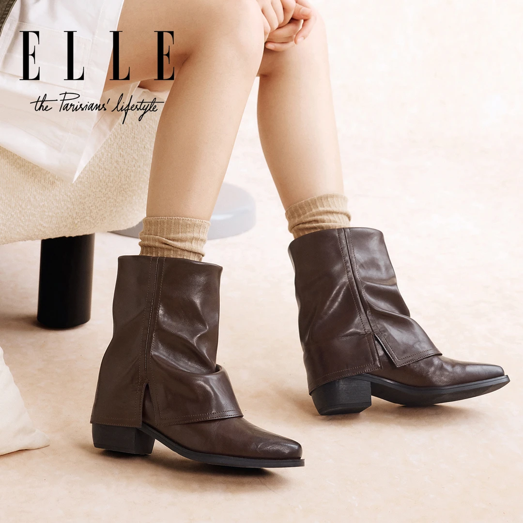 ELLE复古辣妹褶皱西部堆堆靴女小方头粗跟裤管靴2025新款套筒短靴