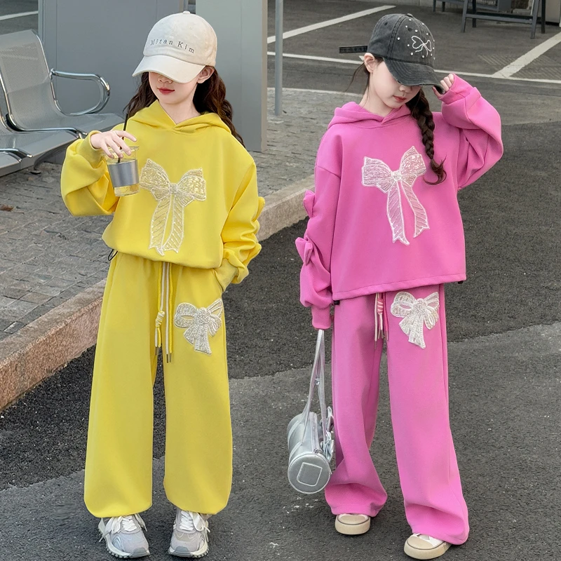 女童洋气春装卫衣套装2025新款大童休闲时髦蝴蝶结运动卫裤两件套