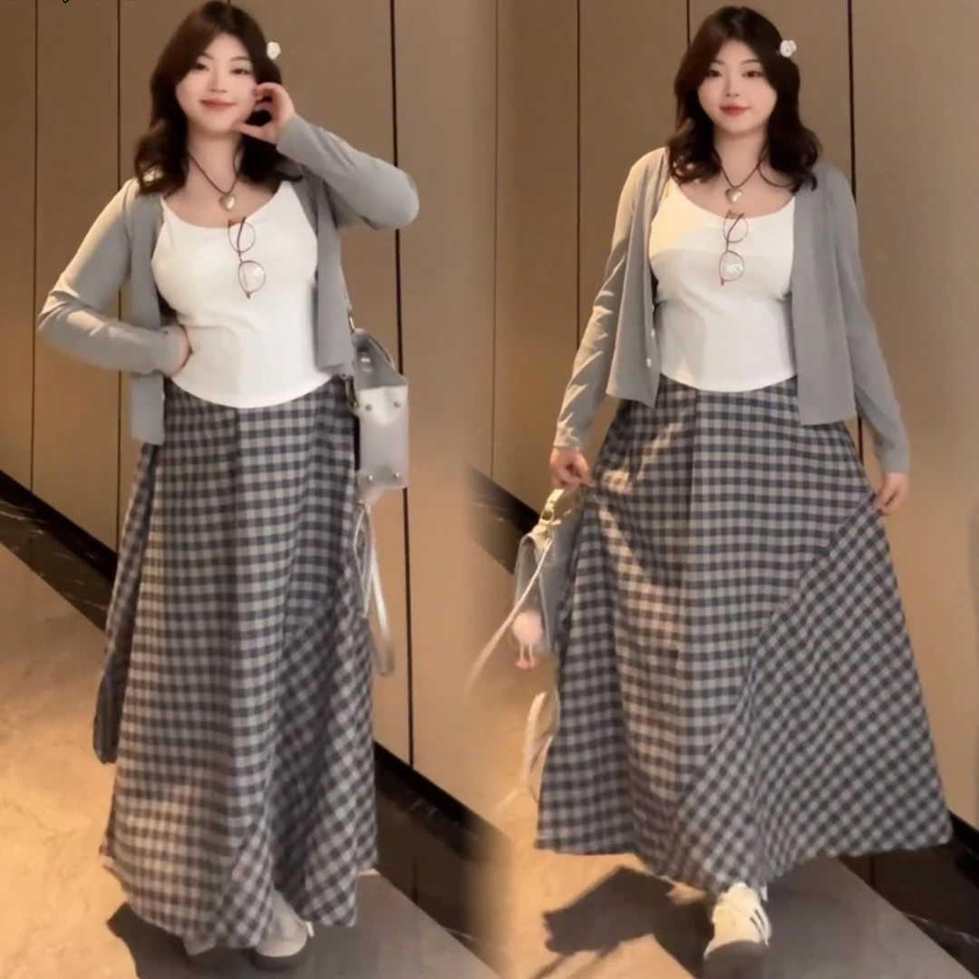 大码慵懒风裙子时尚三件套装格子半身长裙复古轻熟风灰色开衫吊带