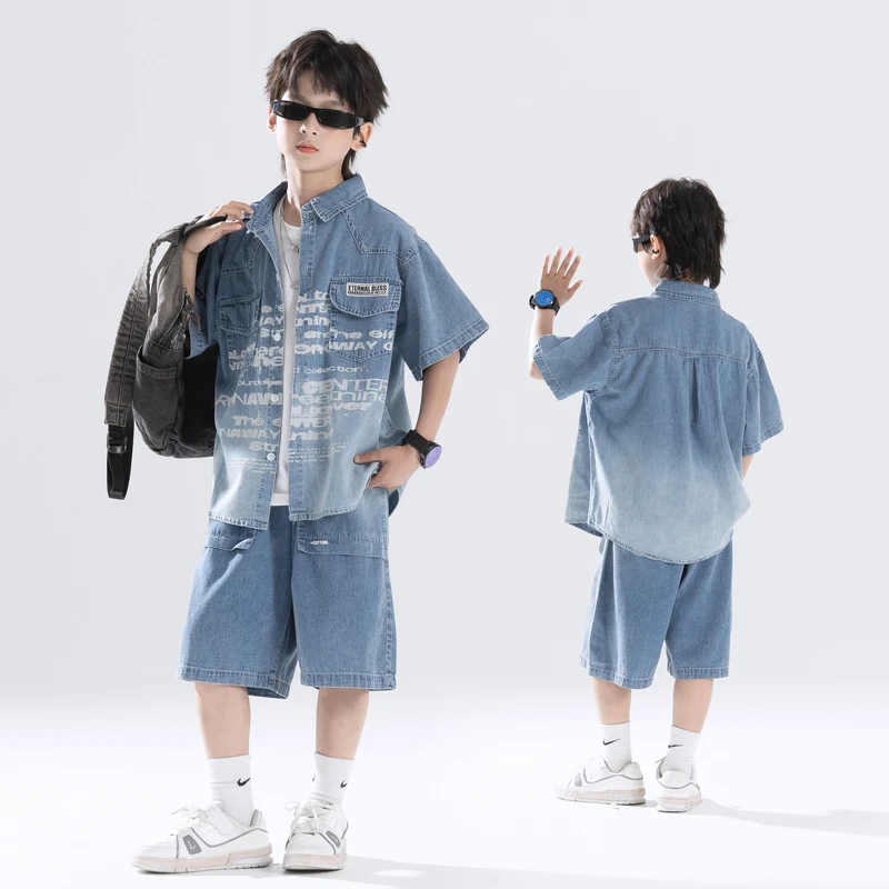 【轻薄舒适】夏季男童衬衫套装儿童中大童装休闲牛仔短裤两件套