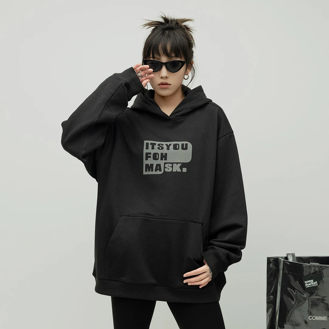 美式潮牌植绒印花连帽卫衣女2025春季新款宽松情侣帽衫