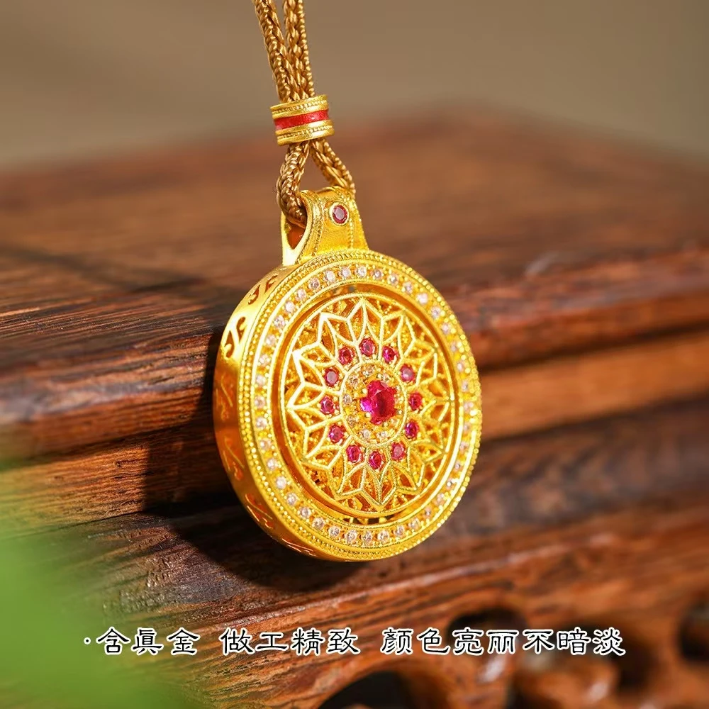 铜合金项链 镶钻红色玫瑰花窗项链可旋转镂空花丝圆盘锁骨链女款