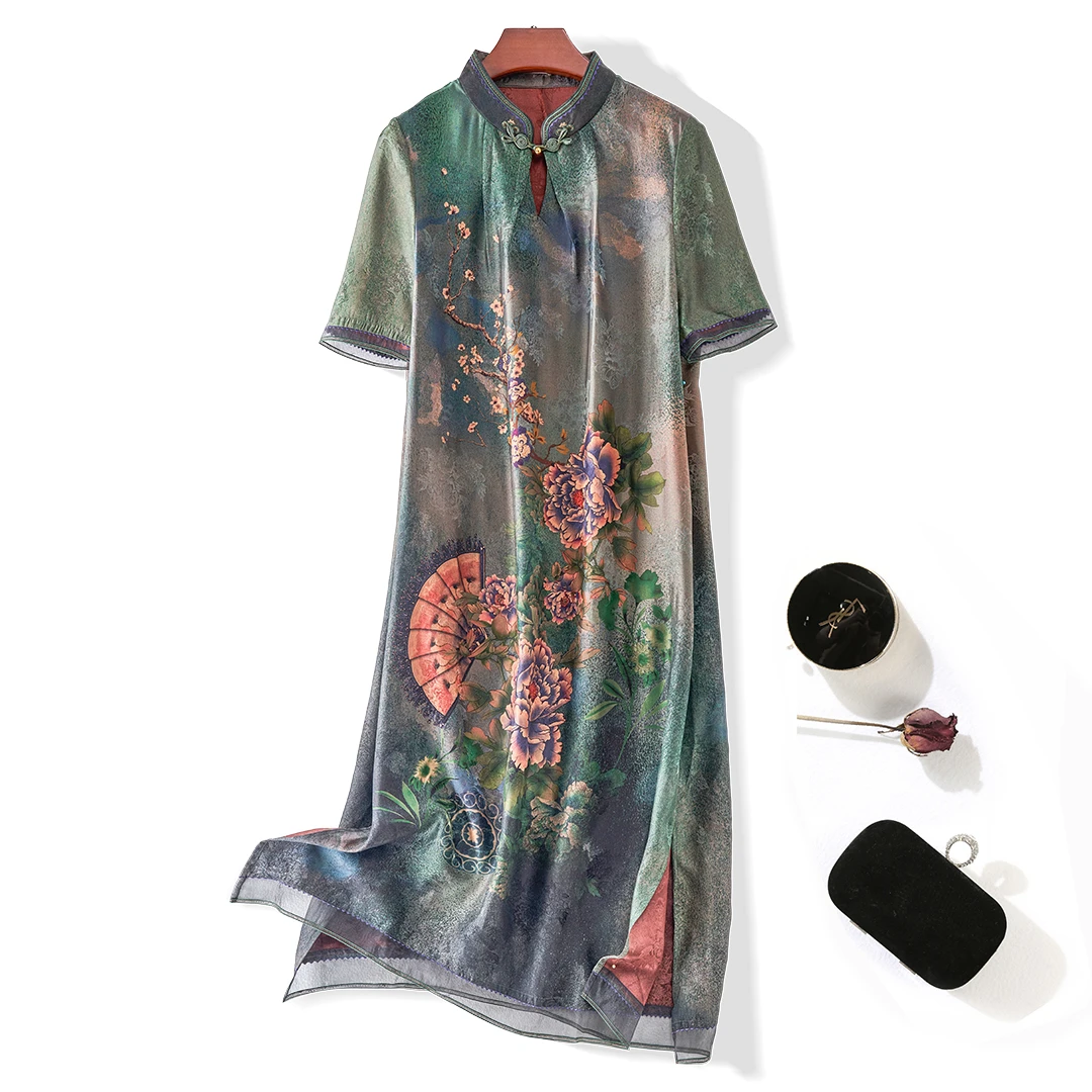 新中式100%桑蚕丝真丝女装连衣裙轻奢舒适提花桑蚕丝中国风