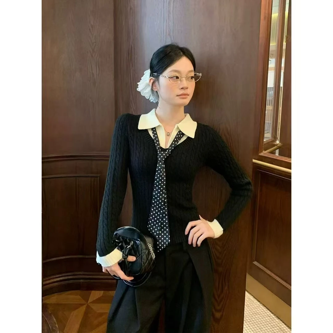 送丝巾【巴黎纪事】秋冬氛围感假两件丝巾针织衫女显瘦打底衫上衣