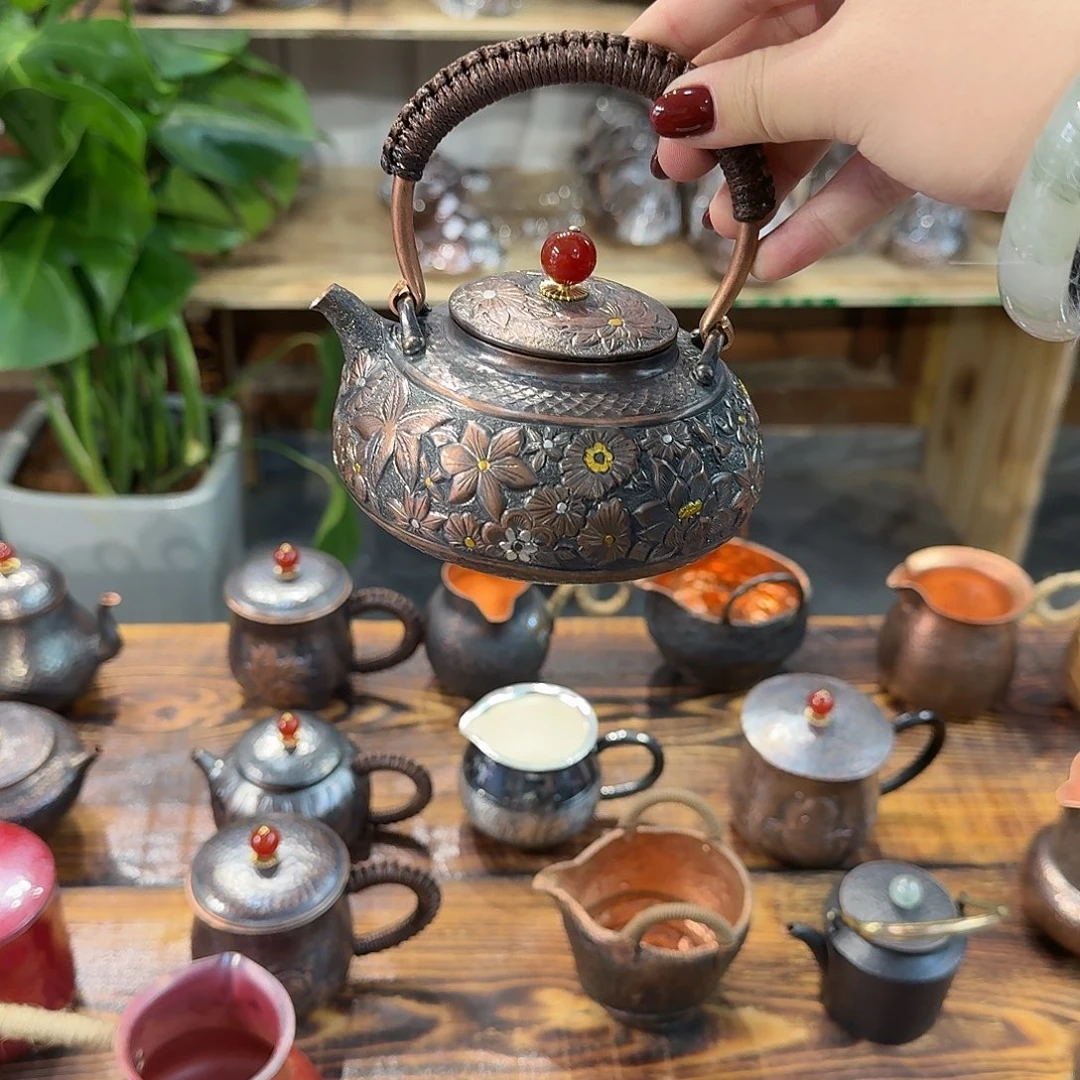 紫铜手工制作提梁浮雕烧水壶