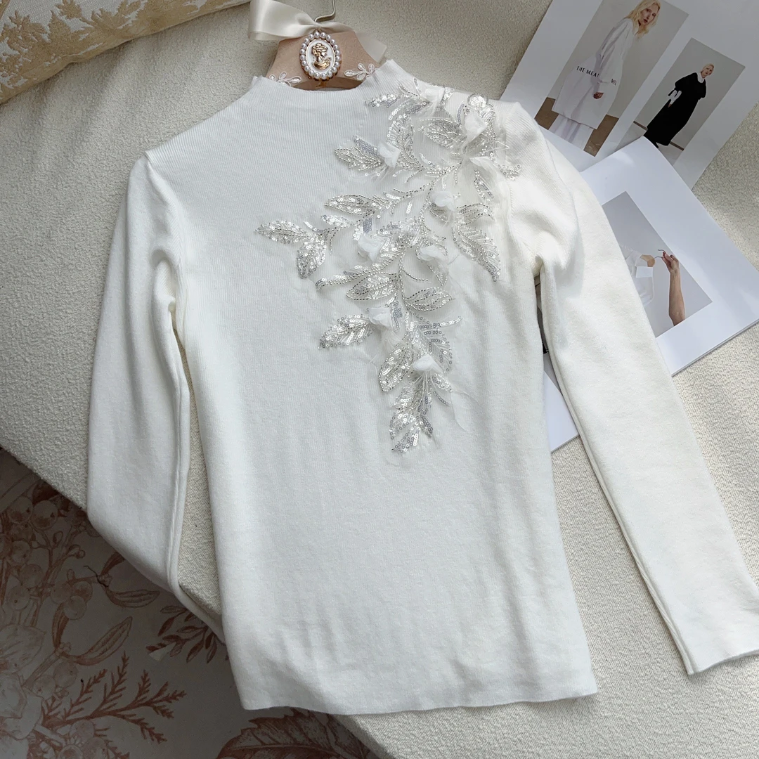 2024秋冬新款【白薇】时尚百搭显瘦长袖重工打底衫针织毛衣女上衣