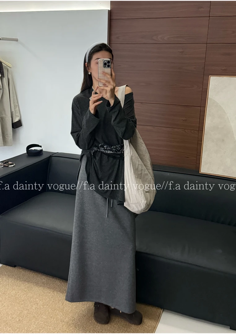 F.A[坦然]冬季新款简约羊毛抽绳直筒纯色中长A字半身裙女高腰显瘦