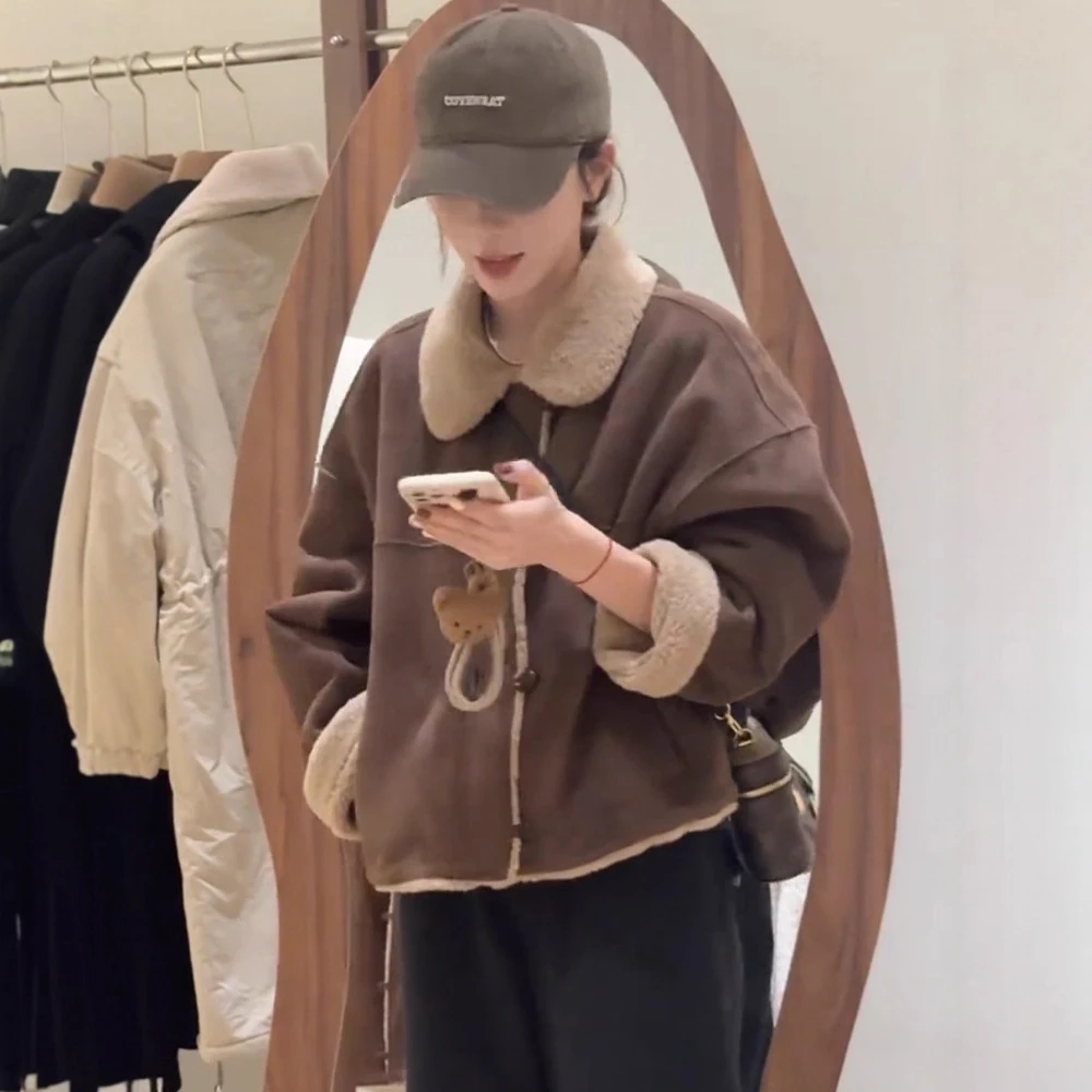 短款加厚皮毛一外套女时尚保暖冬季新款休闲百搭小个子麂皮绒上衣