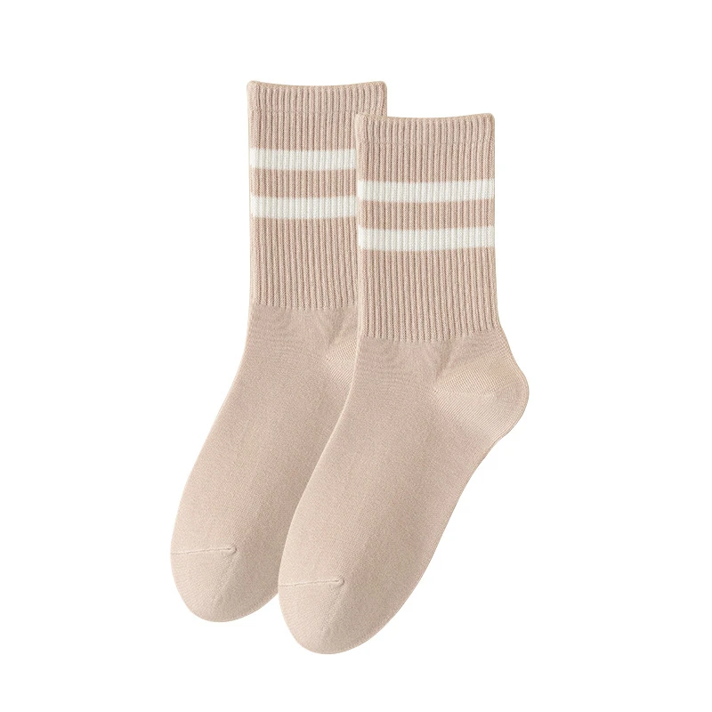 条纹女袜长筒袜双杠女士诸暨条纹中筒全棉袜子女吸汗纯棉春秋运动