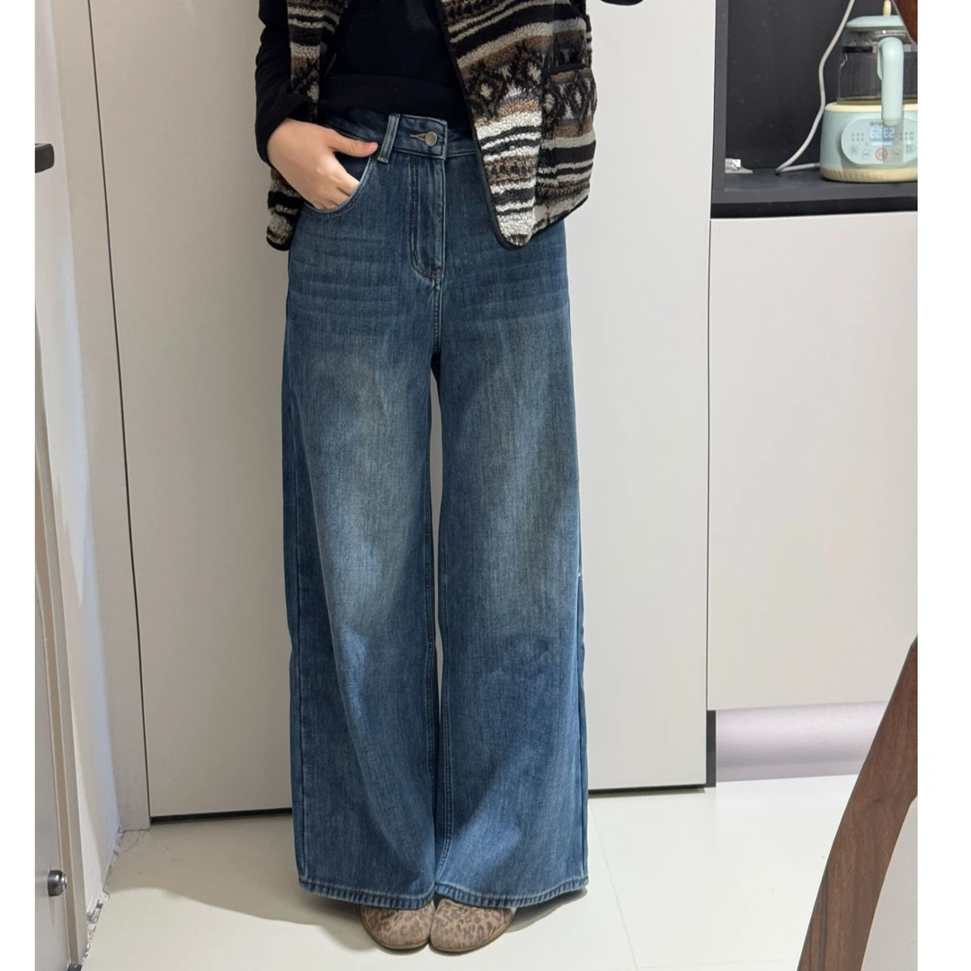 加绒撞线设计阔腿加厚加绒牛仔裤（裤长103以上穿到140斤）