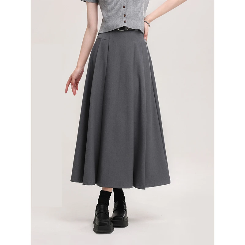 灰色西装半身裙女春夏新款中长款a字裙高腰大摆垂感伞裙百褶裙子