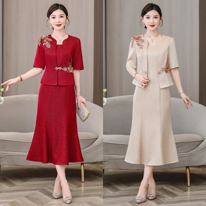 时尚妈妈装结婚礼服连衣裙夏季新阔太太婚宴礼服中长款刺绣A字裙