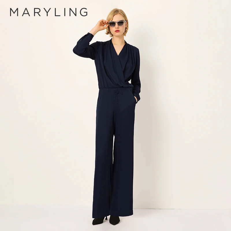 MARYLING玛俪琳2025春季新品深蓝色交叉V领兜摆上衣A1FBW26110
