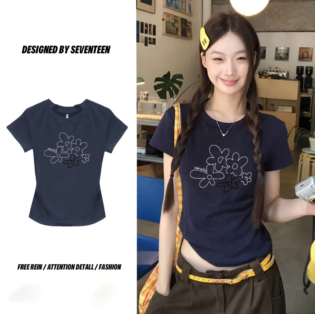 设计感花朵印花短袖t恤女夏季洋气漂亮小衫2025新款韩版正肩上衣