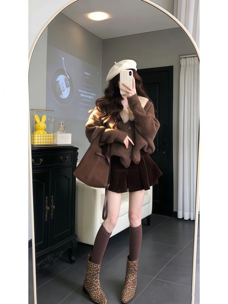 韩系慵懒风V领毛绒领针织开衫上衣松弛感高腰显瘦短裙气质两件套