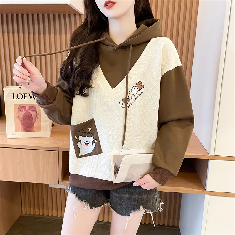 卫衣女2025春秋薄款新款长袖韩版宽松连帽撞色小个子上衣外套ins