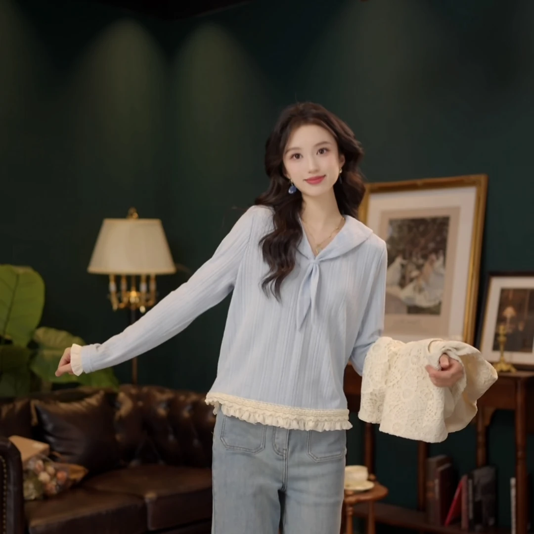 琦琦【雨后苍兰】港风复古镂空针织宽松提花长袖上衣YF1103254