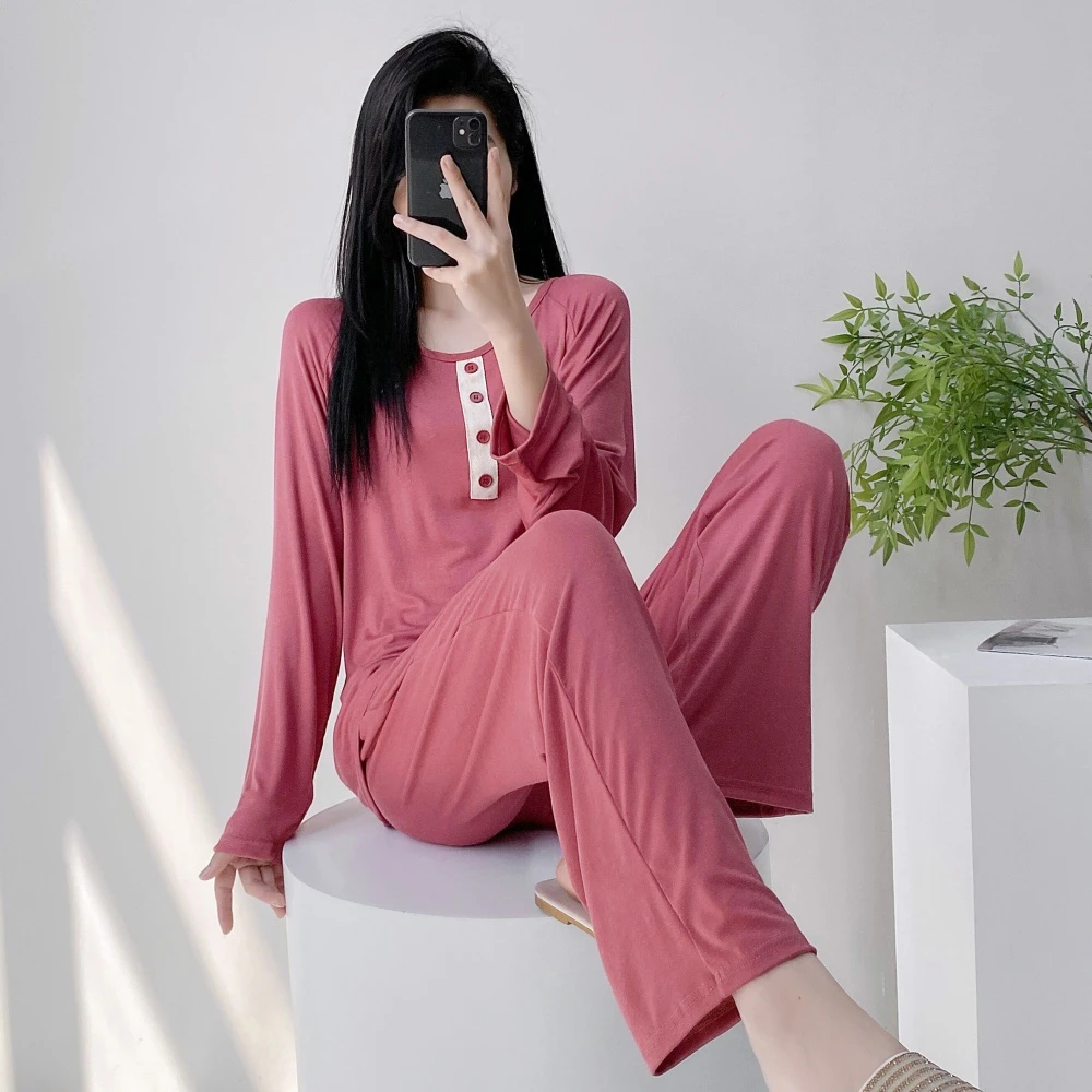 大码200斤柔软睡衣套装女春秋季莫代尔长袖胖MM可外穿休闲家居服