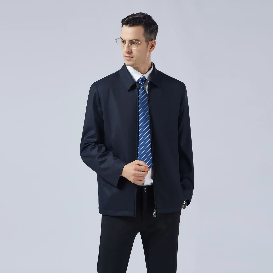 【羊绒桑蚕丝羊毛】男士纯色翻领长袖百搭男中年四季外套立领