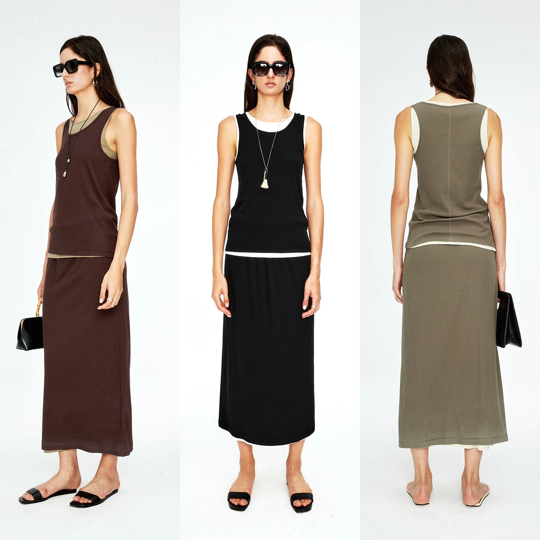 MRS Studios 层次叠穿内搭B入修身螺纹棉真两件背心/松紧腰半裙