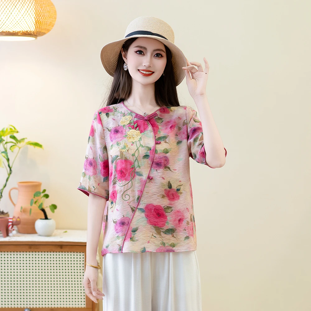 夏季短袖女装新中式宽松圆领复古盘扣衬衫中老年女士衬衣