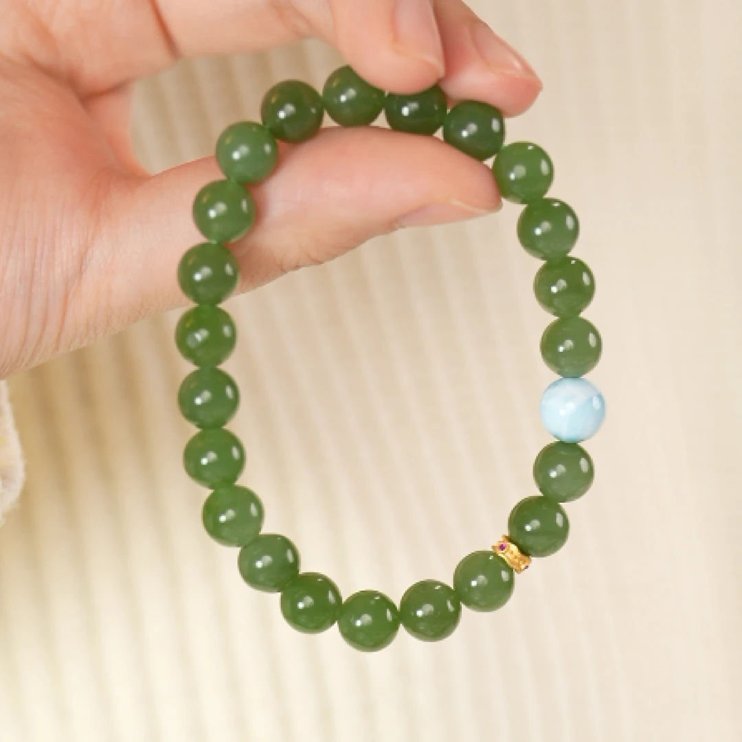 宋雅天然和田玉碧玉海纹石约8mm圆珠时尚手串百搭（多样性发其一）