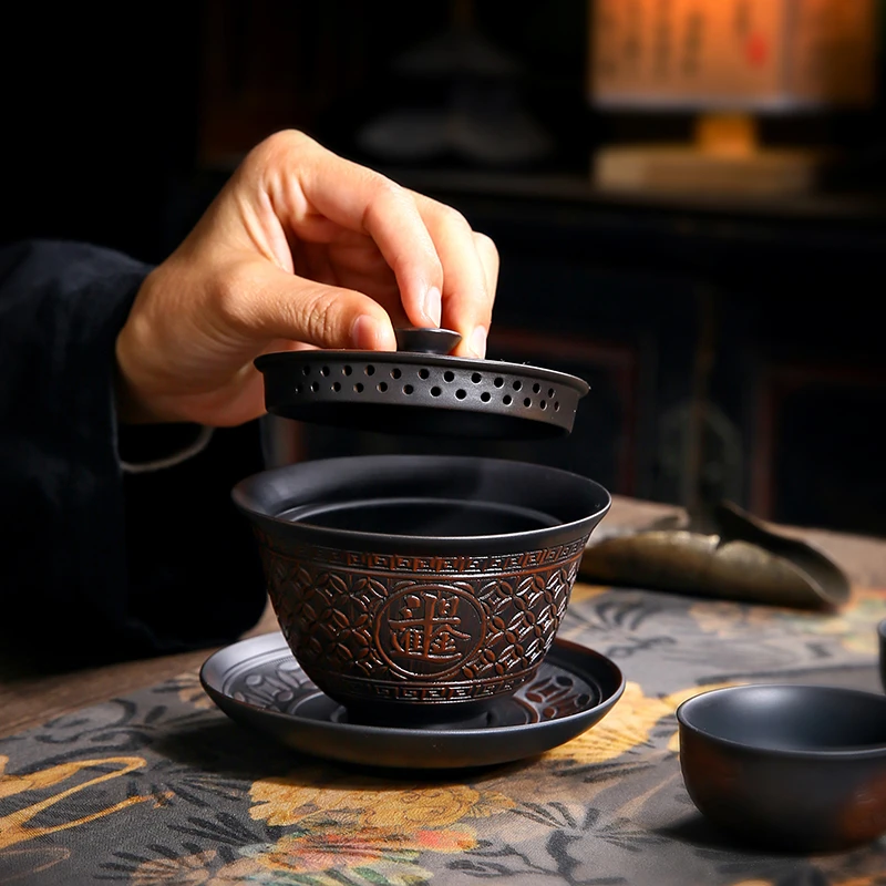 原矿云南紫陶茶具套装功夫茶具可悬停防烫手三才盖碗中式简约盖碗