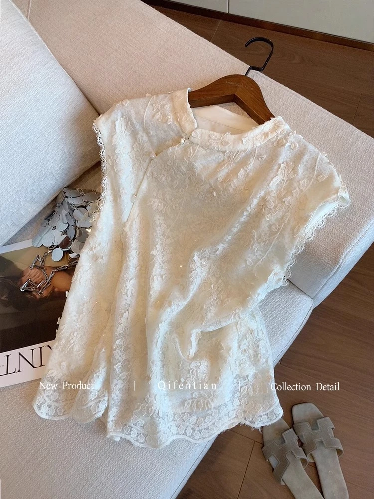 新中式重工蕾丝刺绣无袖衬衫上衣女夏季国风气质温柔斜襟盘扣背心