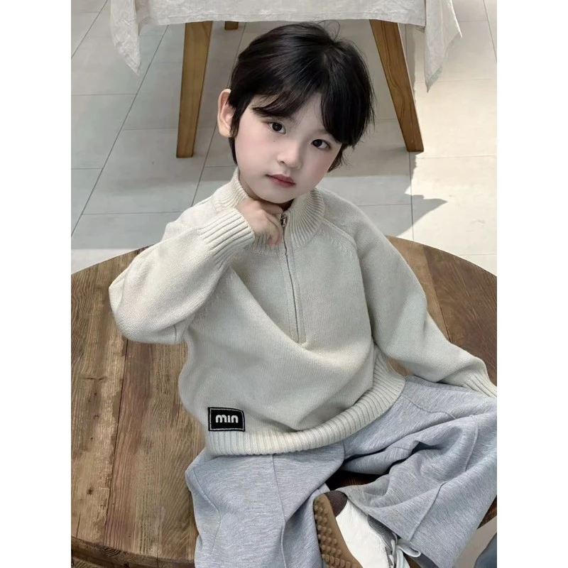 男童女童针织衫开学毛衫儿童秋冬洋气毛衣中大女童白色针织高领衫