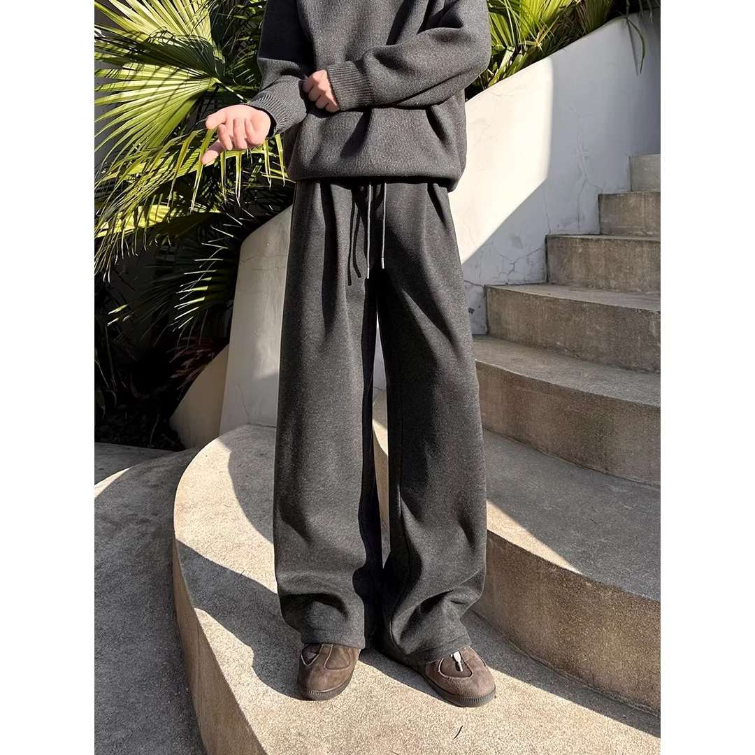 男装秋冬新款重磅人字纹A褶复古阔腿加绒加厚休闲裤长裤宽松百搭